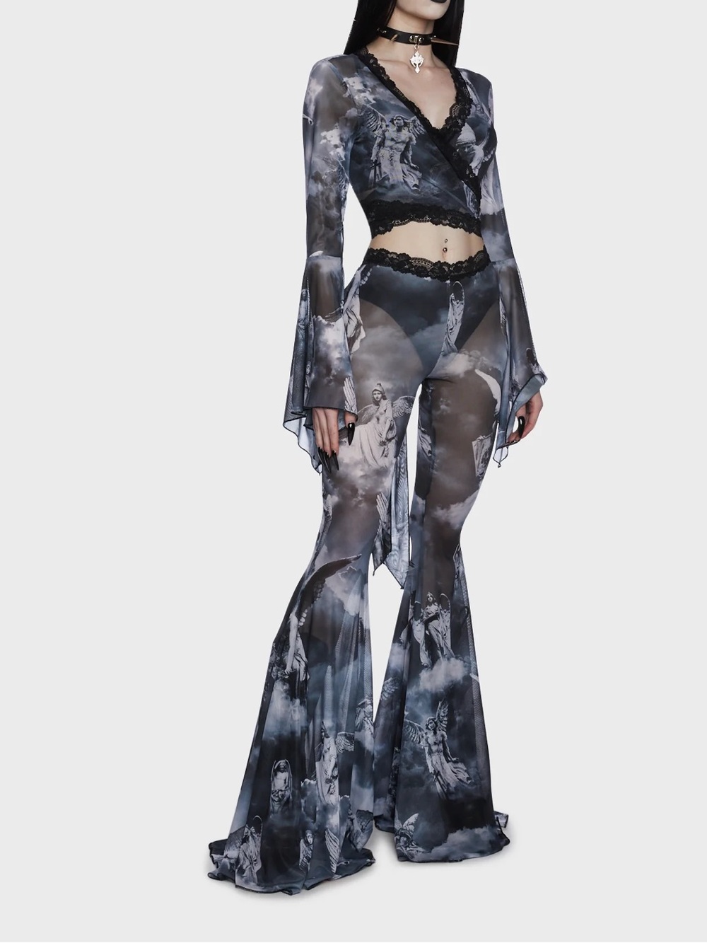 Sheer Two-Piece Black & White Angel Print Set